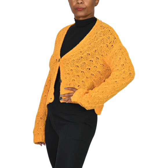 American Eagle Cropped Cardigan Sweater Yellow Slouchy Crochet Knit Boxy XS - Picture 3 of 13